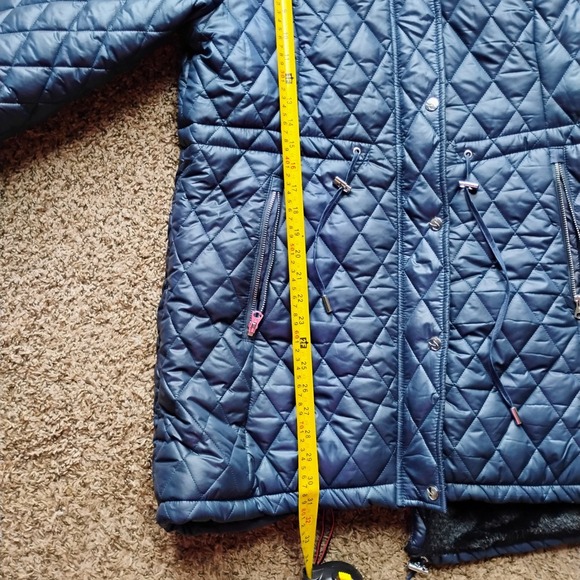 NEW Quilted Coat with Faux Fur Hooded Trim Navy blue XL Puffer, Winter, Warm - Picture 5 of 6